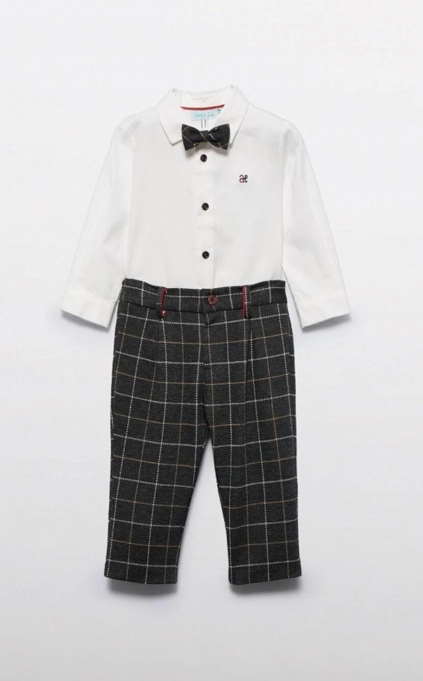 NEW Abel & Lula Plaid Lined Pants & Button Shirt Set with Tie, Marengo, 6/9m
